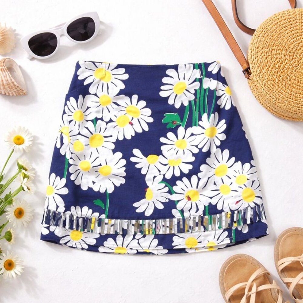 Navy Daisy Print Mini Skirt with Sequin Trim